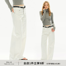 SMIIILE秋季红边赤耳白色直筒牛仔裤宽松阔腿裤女中低腰长裤