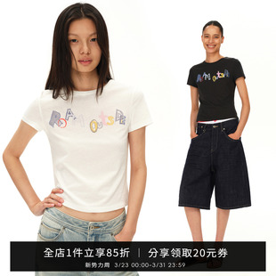 透气合身白色上衣小衫 SMIIILE童趣字母印花圆领正肩短袖 t恤女夏季