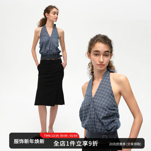 SMIIILE格子挂脖飘带无袖上衣