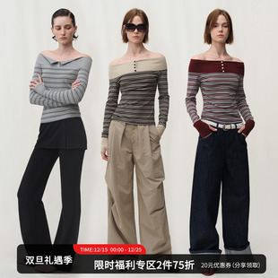 设计感打底t恤 上衣女秋季 SMIIILE复古条纹拼接一字肩露肩修身 长袖