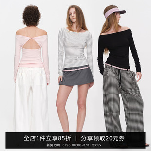 显瘦打底衫 SMIIILE后背扭结设计感一字领露肩T恤女上衣短款 春修身