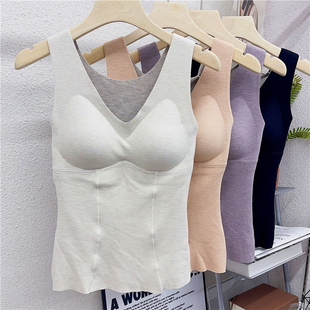 秋冬4033桑蚕丝德绒保暖内衣女士带胸垫免穿文胸御寒发热打底背心