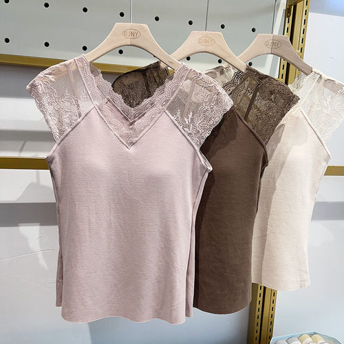 蕾丝小飞袖桑蚕丝保暖背心打底衫