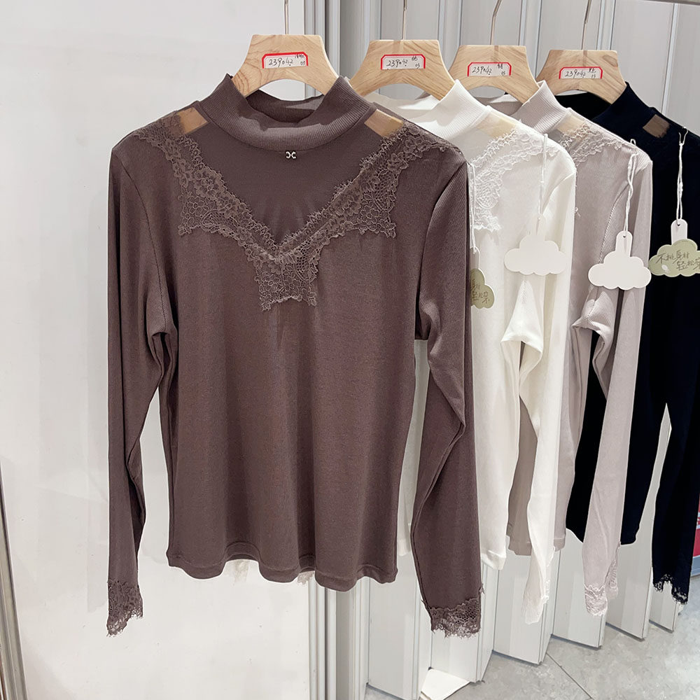 秋冬新品蕾丝V领网纱镂空性感打底衫长袖内搭上衣女秋衣保暖内衣