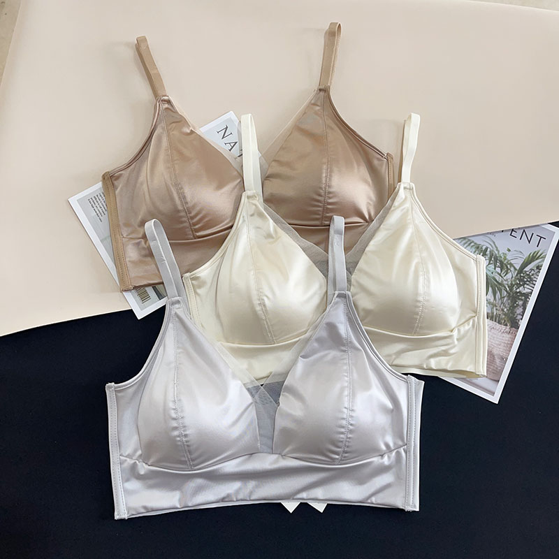 新款油光布网纱V领美背内衣女无痕桑蚕丝抹胸聚拢文胸一体小吊带