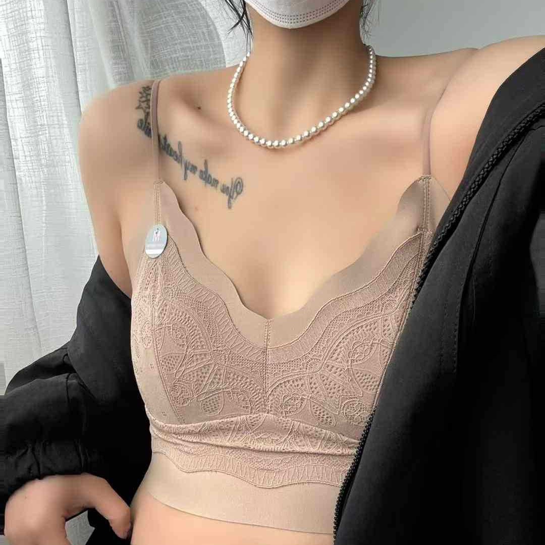 森色系法式无痕内衣蕾丝性感兔耳朵杯大胸显小薄款美背缩胸裹胸女