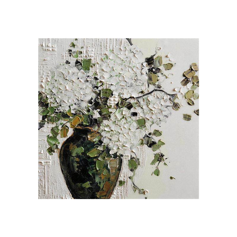 白色绣球花纯手绘油画客厅餐厅装饰画抽象花卉玄关法式中古风挂画