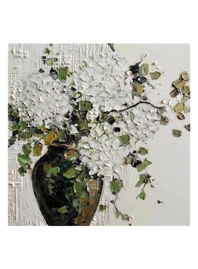 白色绣球花纯手绘油画客厅餐厅装饰画抽象花卉玄关法式中古风挂画