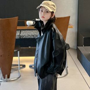 25新款秋装儿童男女帅酷PU皮衣外套中大童机车风潮童斜襟翻领个性