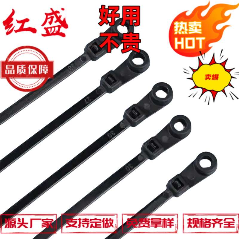 4.8*200螺丝安装式固定头扎带 黑色M5孔径电线捆扎固定头尼龙扎带
