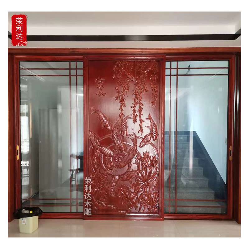 荷花鱼图案浮雕屏风木质年年有余楼梯口玄关中式镂空雕花东阳木雕