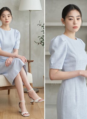 【玳黎】极简优雅泡泡袖开叉连衣裙女高级感精致收腰正式场合裙子