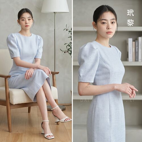 极简优雅泡泡袖开叉收腰连衣裙