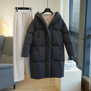 新国标鸭绒90加厚长款连帽羽绒服女冬季保暖外套百搭简约宽松蓬松