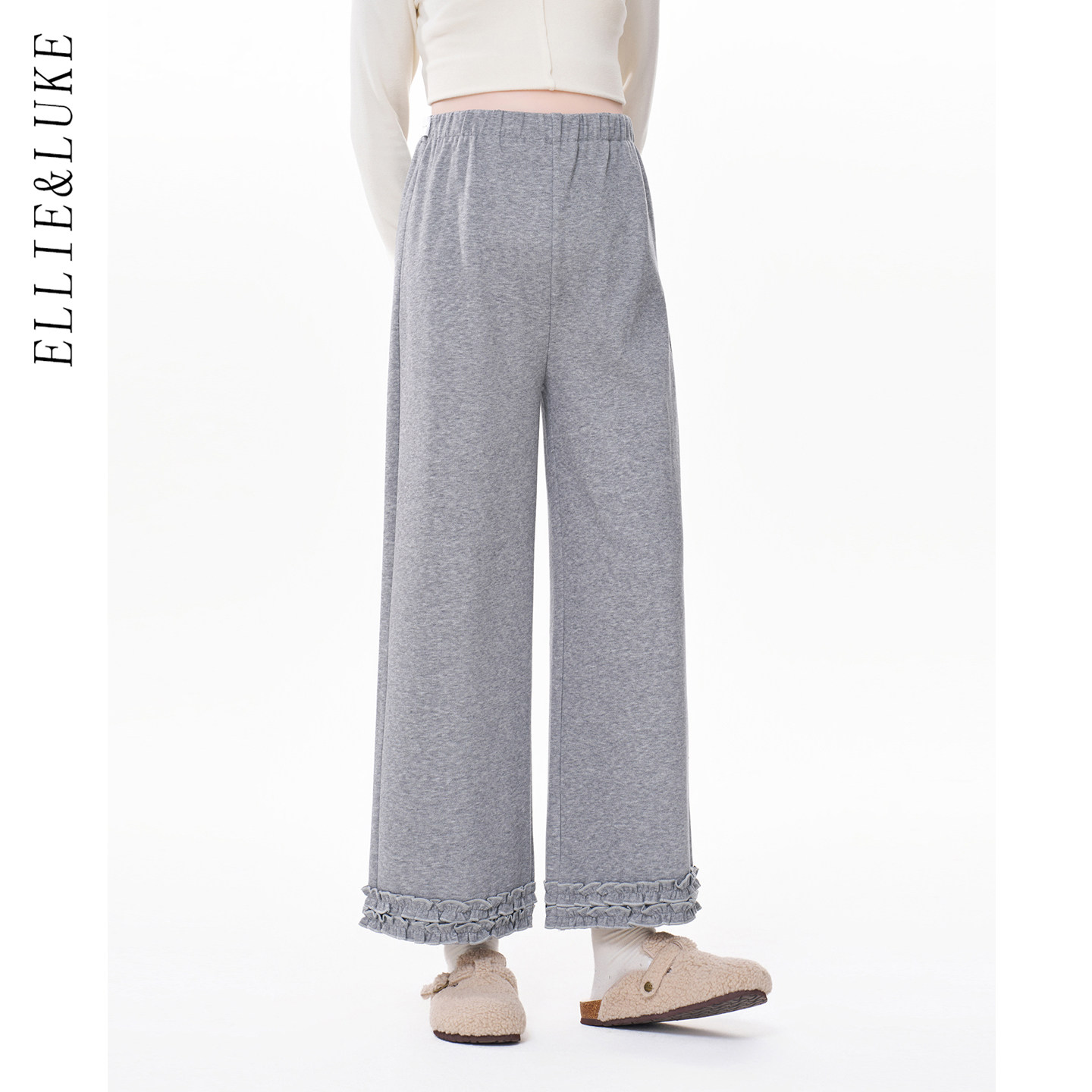 ellieluke孕妇阔腿裤冬季外穿仿羊绒加绒加厚休闲裤木耳边九分裤