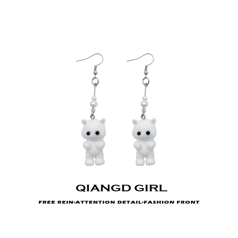 新款植绒立体猫咪耳钩仿珍珠原创