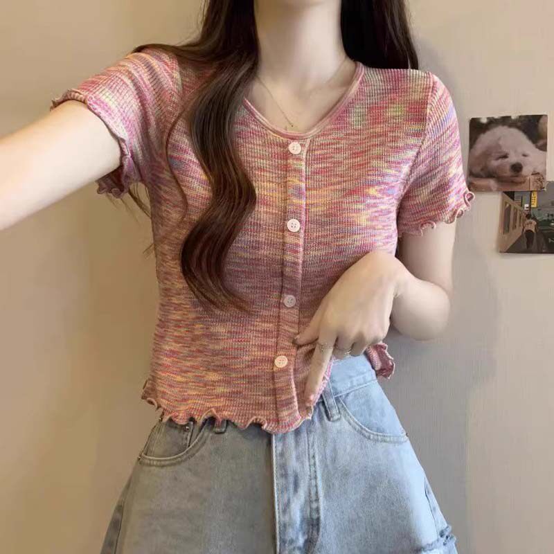 彩虹条纹冰丝V领针织短袖T恤女夏短款高腰木耳边法式复古半袖上衣