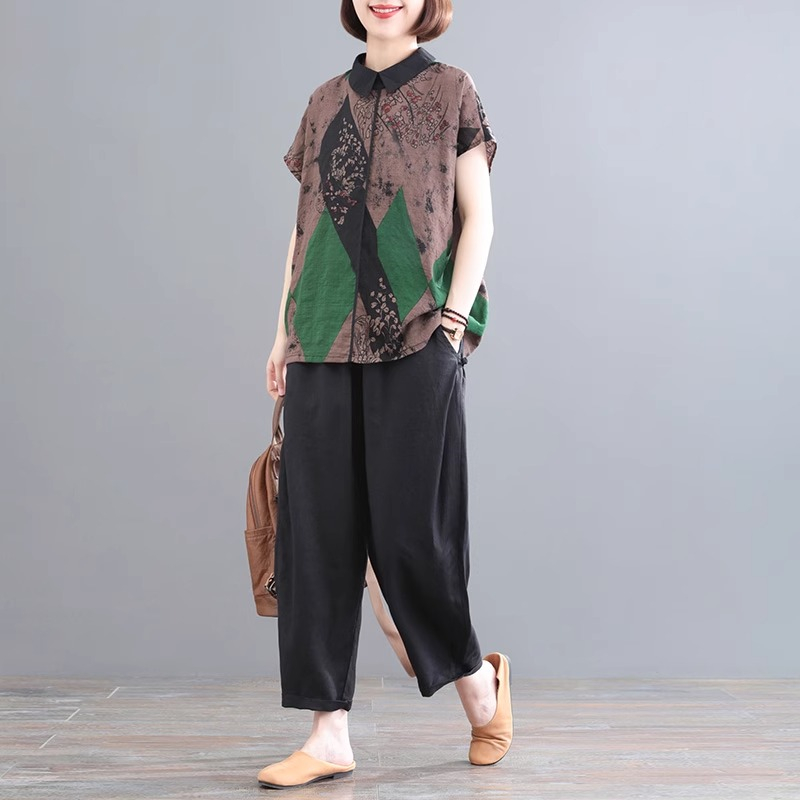 洋气棉麻套装女士2025夏装新款中老年女装复古宽松大码休闲两件套