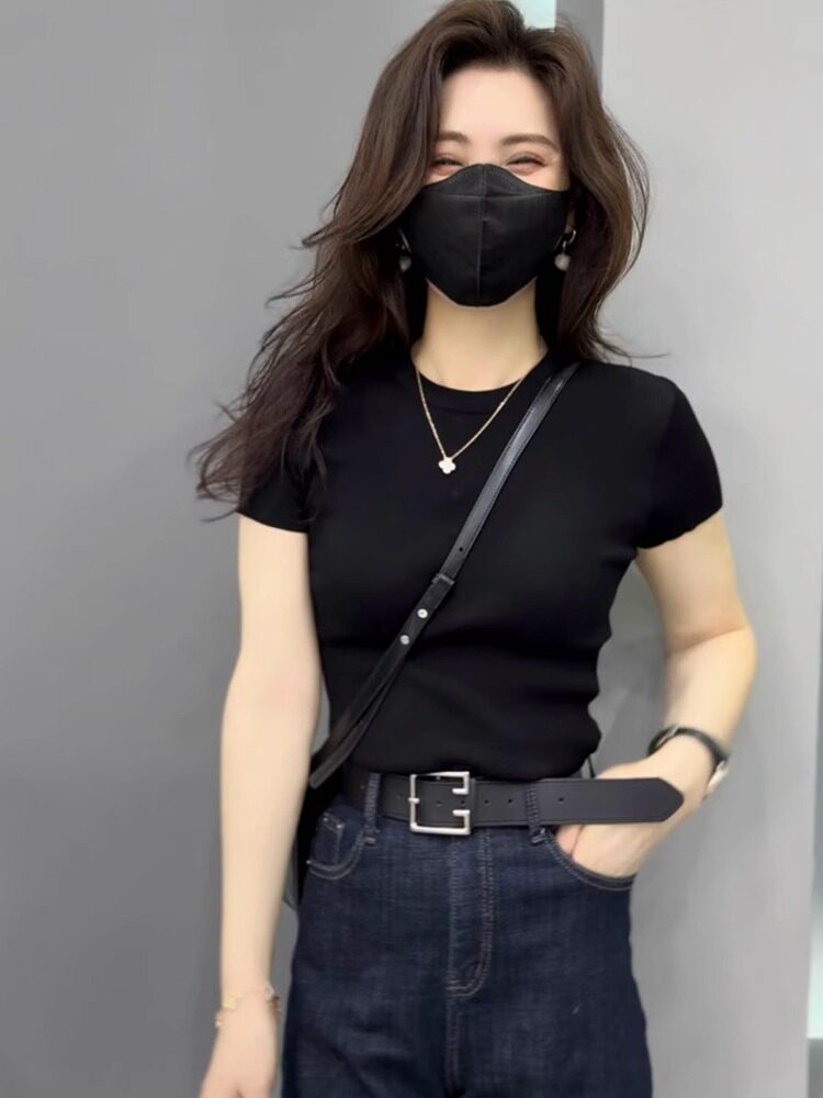 欧货黑色针织短袖T恤女2025夏季新款设计感小众高端显瘦洋气上衣
