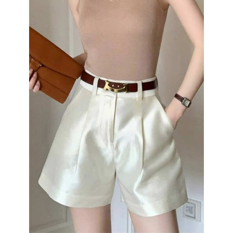 轻奢缎面西装短裤女2025夏季新款高腰休闲五分裤白色阔腿a字中裤