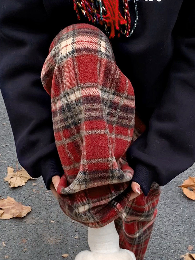 红色加绒格子裤女秋冬季新款高腰垂感休闲窄版拖地毛呢直筒阔腿裤