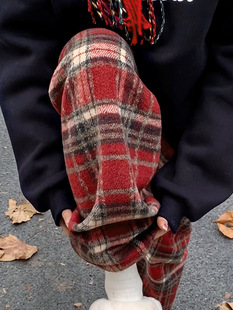 红色加绒格子裤女秋冬季新款高腰垂感休闲窄版拖地毛呢直筒阔腿裤