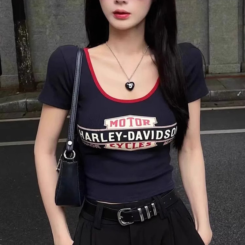 美式印花纯棉短袖t恤女夏季新款纯欲正肩紧身设计感小众短款上衣