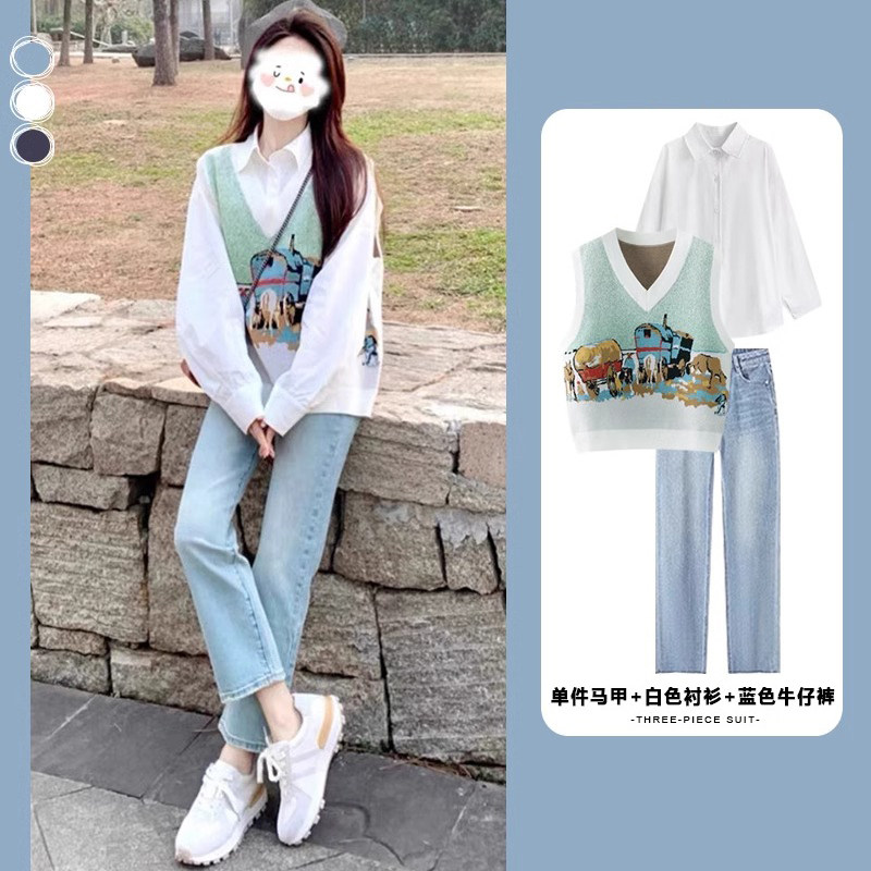 休闲时尚套装女2025年春秋新款盐系减龄韩剧高级感衬衫马甲三件套