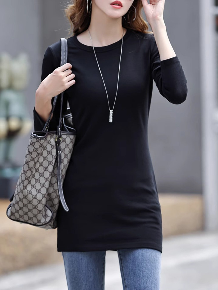 中长款打底衫女2025春秋新款长袖t恤大码修身显瘦遮屁股内搭上衣