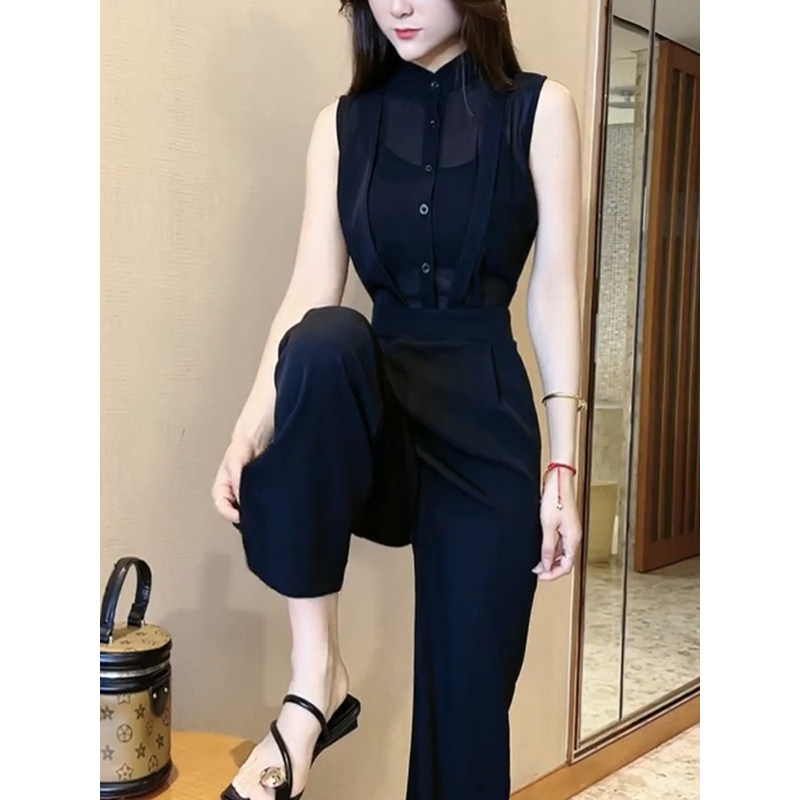 时尚黑色连体裤女2025年夏季新款收腰无袖气质显瘦减龄连衣阔腿裤