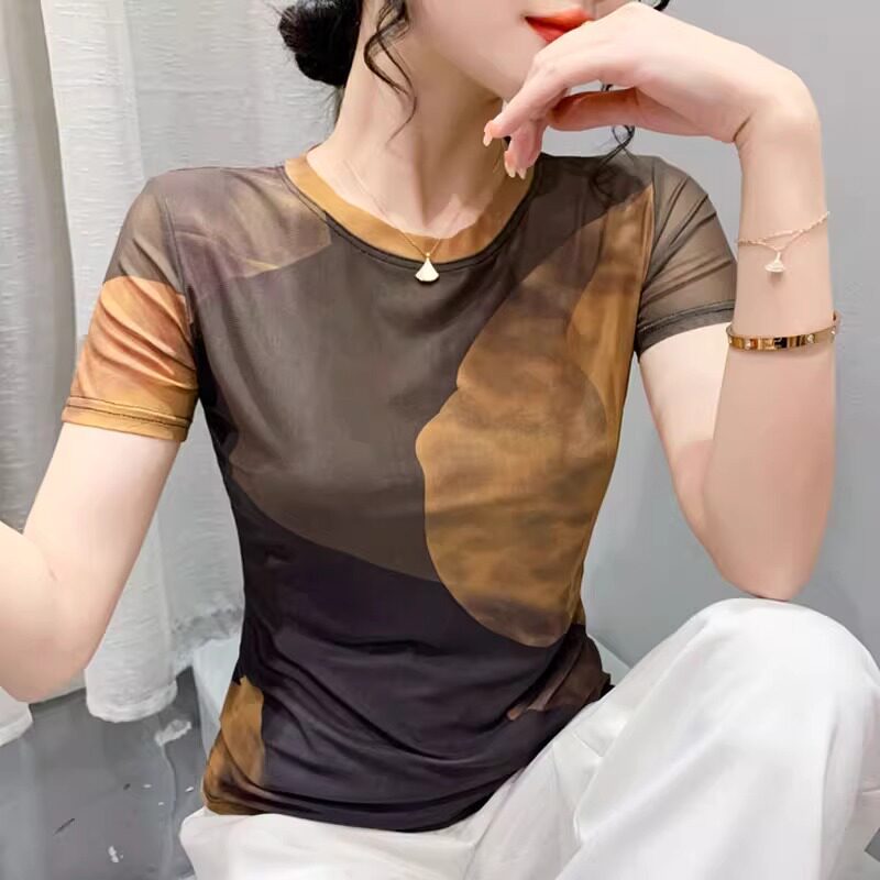 欧货印花网纱冰丝短袖t恤女夏季新款修身洋气百搭别致打底上衣潮