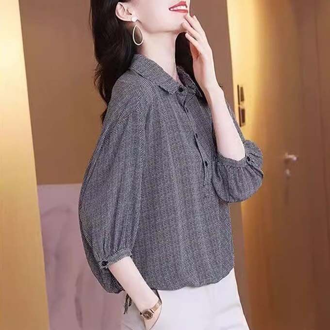 千鸟格真丝衬衫女2024夏季新款港味chic七分袖衬衣气质桑蚕丝上衣