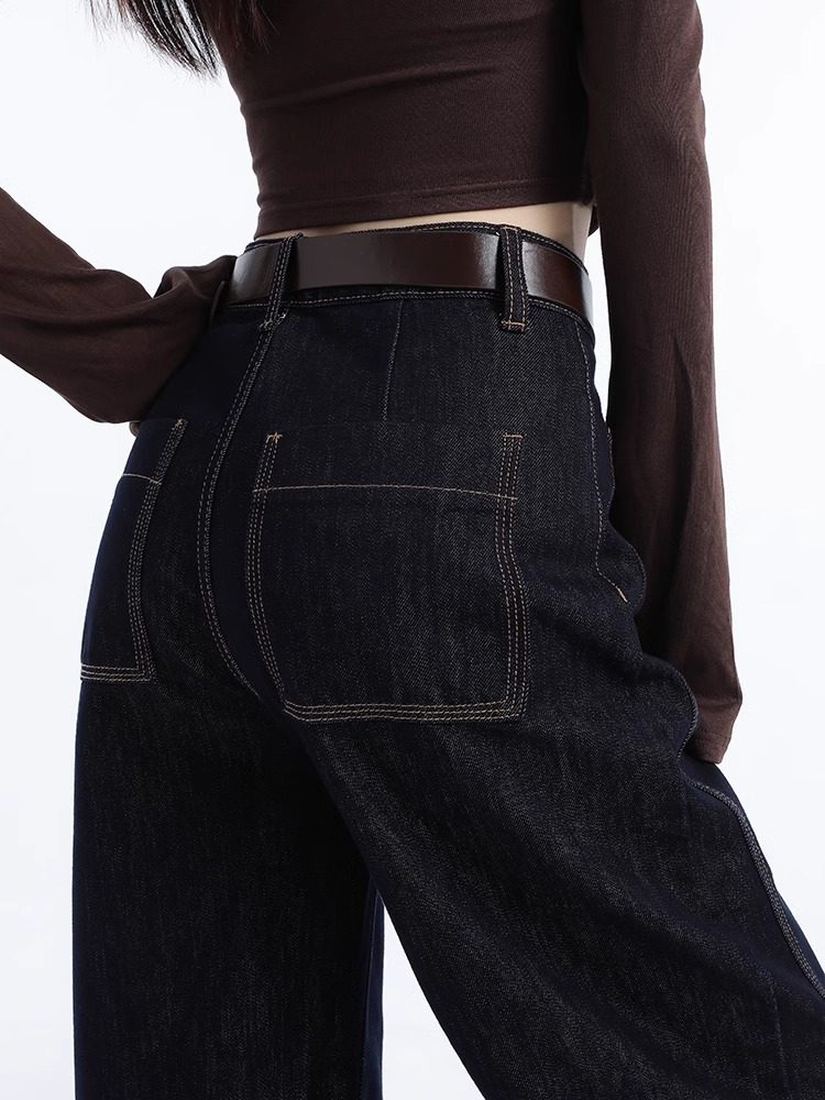 深蓝色镰刀阔腿牛仔裤女2025春秋季新款高腰弯刀裤宽松垂感直筒裤,女装/女士精品,牛仔裤,淘宝优惠券,粉丝福利购,淘宝优惠卷