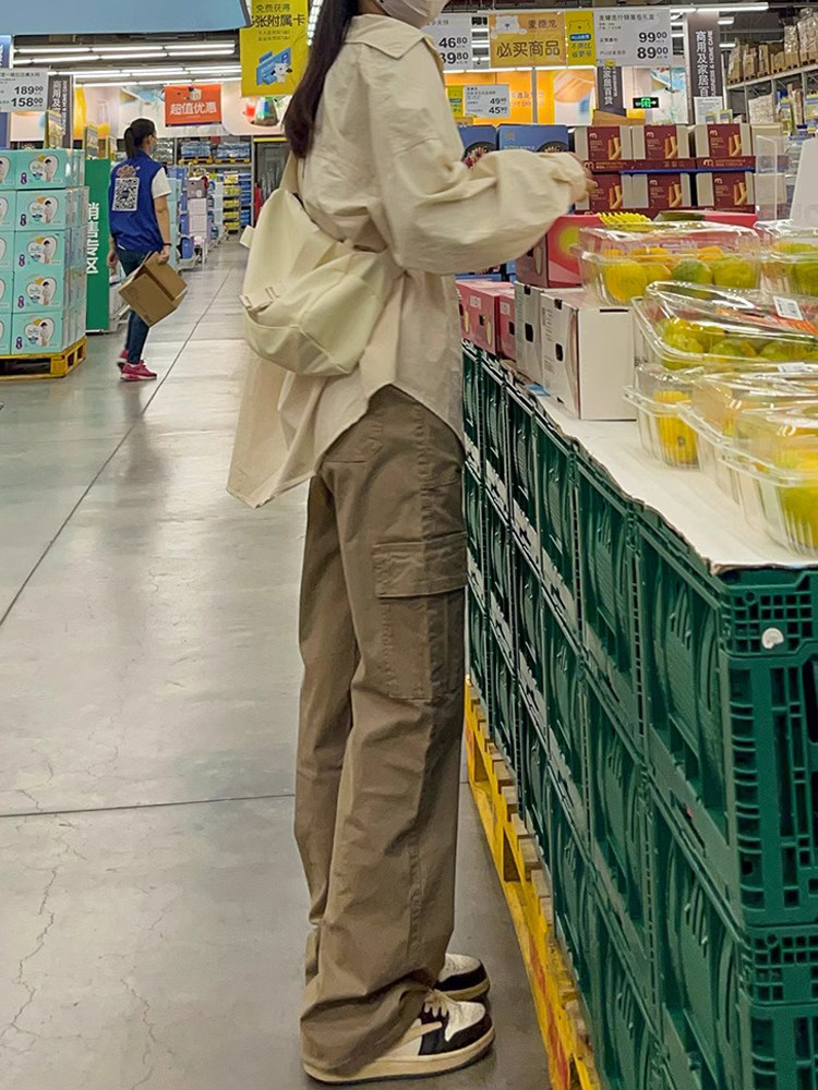卡其色工装裤女2025年春秋季新款纯棉高腰直筒显瘦休闲裤登山裤子