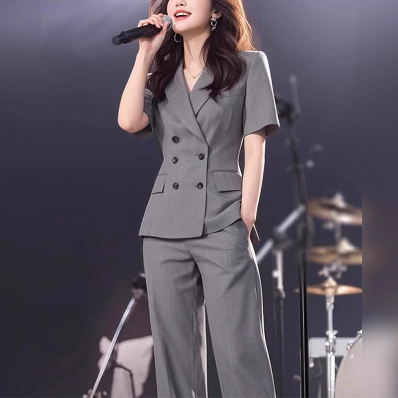 气质干练时尚套装女2025夏季新款韩系穿搭灰色西装上衣裤子两件套