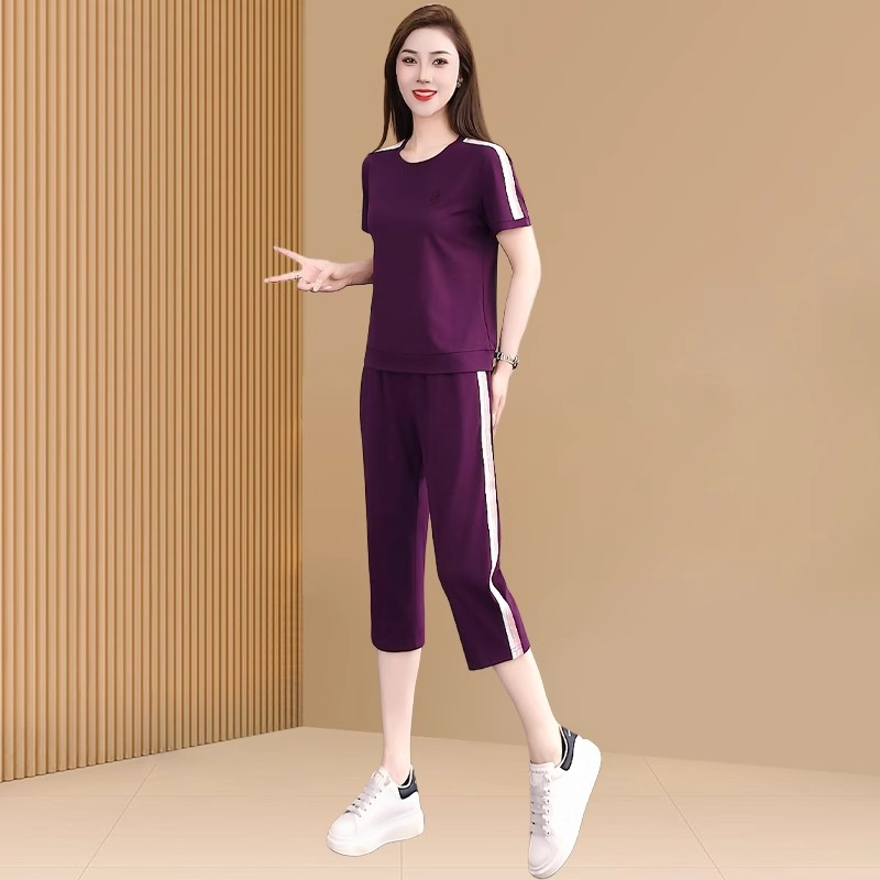 运动服套装女夏薄款高级感时尚洋气宽松显瘦短袖七分裤休闲两件套