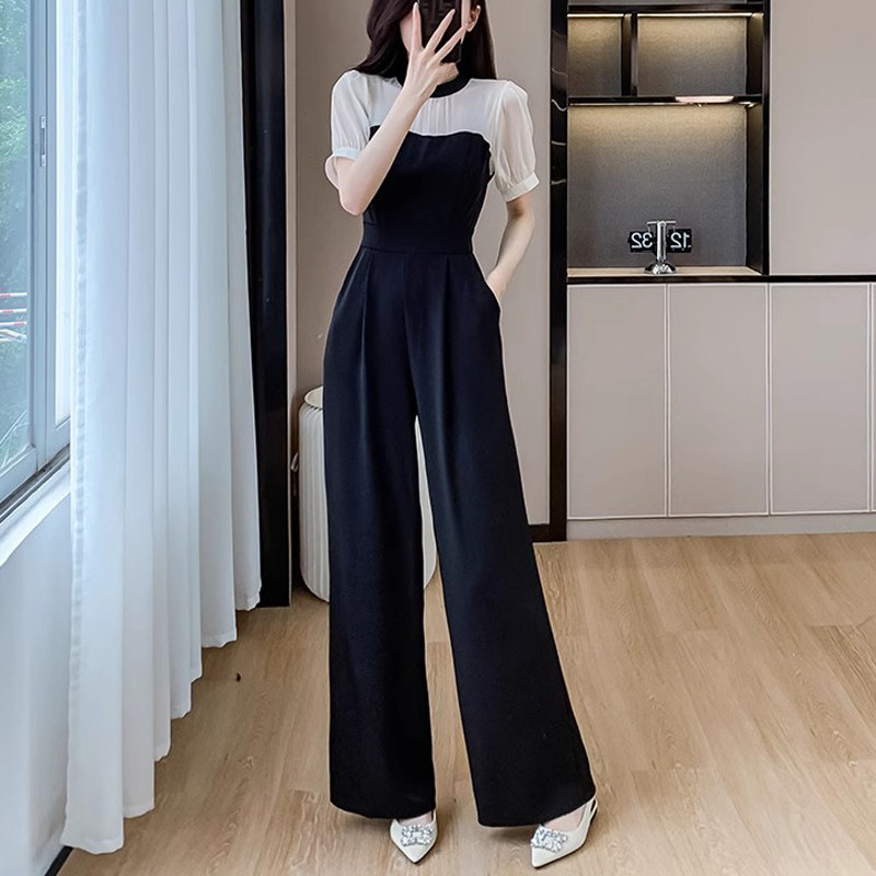 黑色雪纺阔腿连体裤女夏季薄款2025新款气质时髦高腰直筒连衣长裤