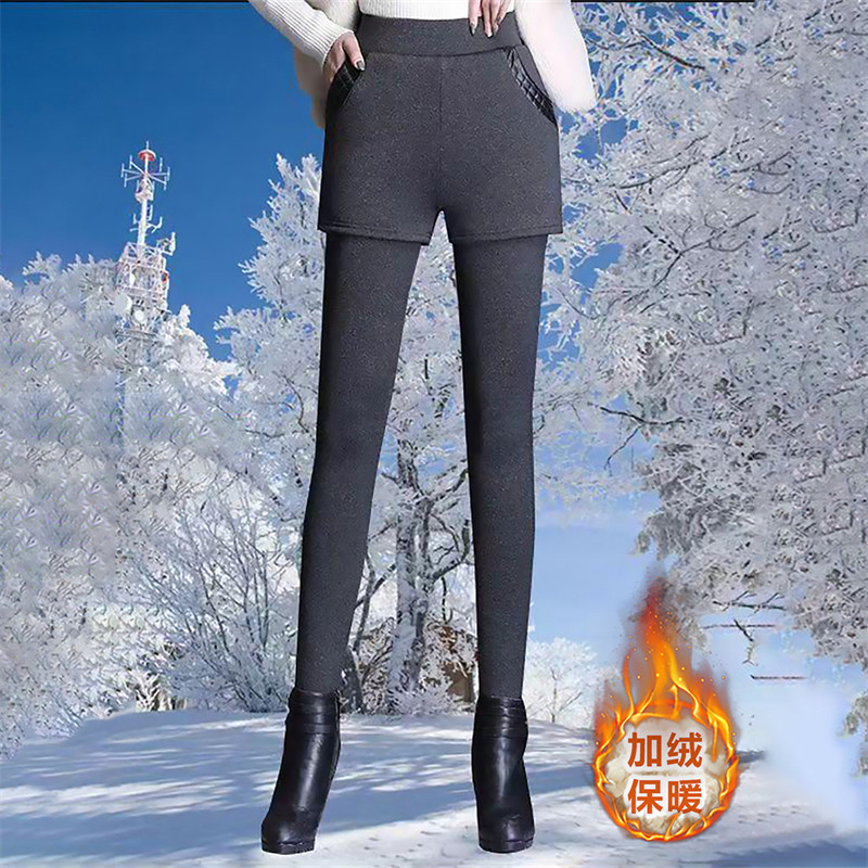 羊羔绒假两件打底裤女2025冬季收腹加绒加厚保暖高腰弹力外穿裤裙