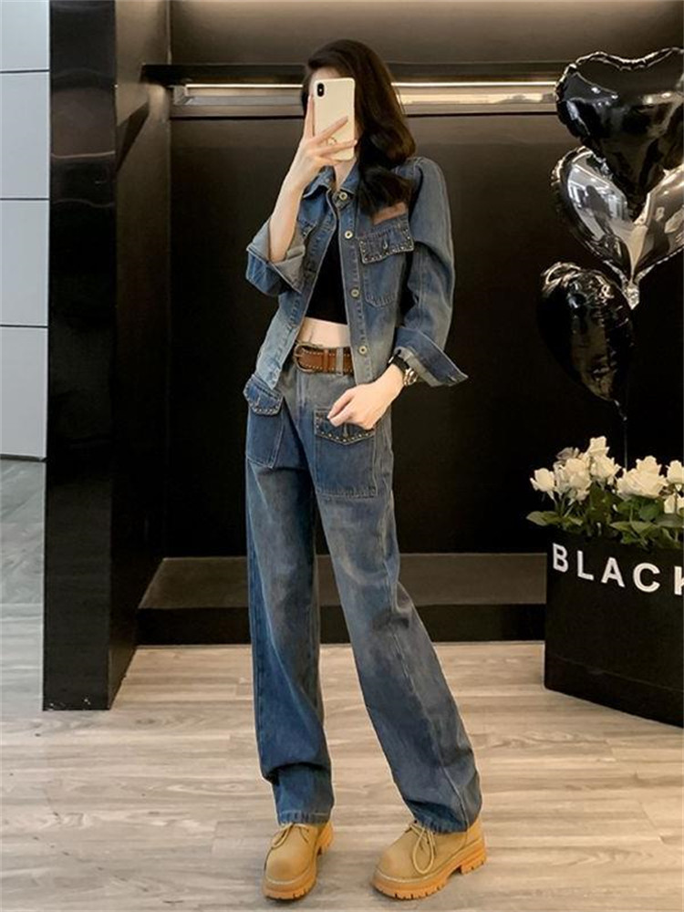 欧货工装牛仔裤套装女2025春秋季新款时尚洋气休闲牛仔外套两件套