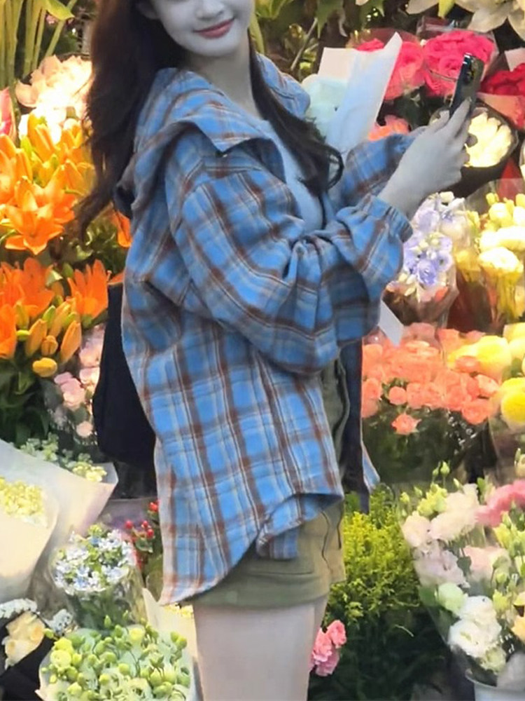 小个子格子衬衫外套女2025年春秋装新款设计感小众慵懒风连帽衬衣