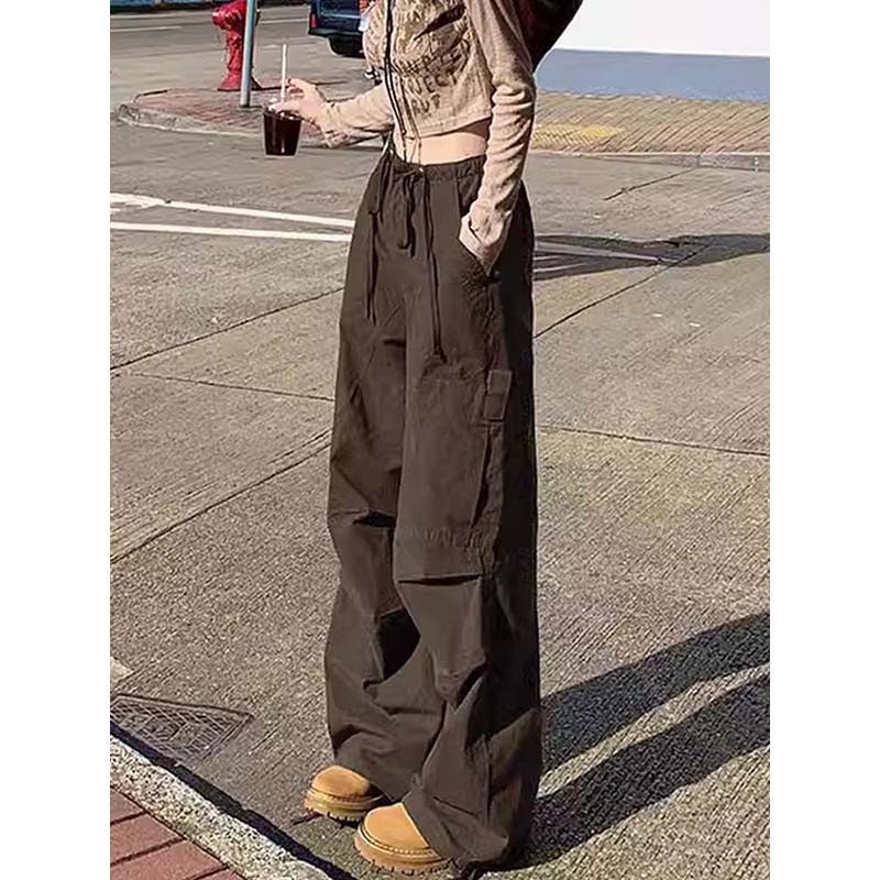 美式覆古棕色工装阔腿裤女2025春秋新款松紧腰直筒宽松高腰休闲
