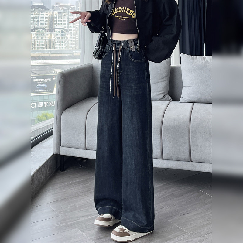 加绒阔腿牛仔裤女秋冬季2025年新款松紧腰大码胖MM裤子显瘦直筒裤