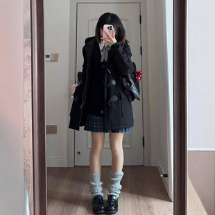 东京岁时记服牛角扣大衣秋冬黑色女中长款毛呢大衣连帽加厚款外套