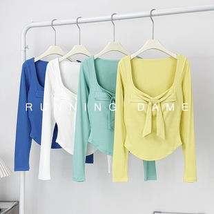 蝴蝶结多巴胺健身服女带胸垫聚拢运动长袖 普拉提训练瑜伽服上衣秋