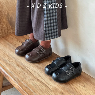 女童加绒黑色小皮鞋2025冬季男童英伦风软底乐福鞋真皮儿童棉鞋冬