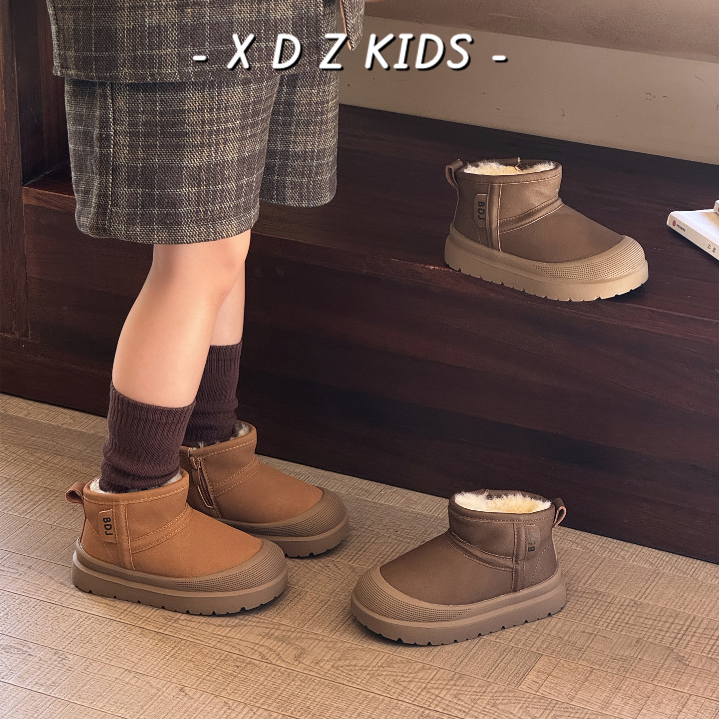 防水皮面男女童加绒加厚雪地棉