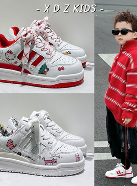 2025秋冬季新款红色儿童加绒真皮运动鞋男童女童kitty猫小白板鞋