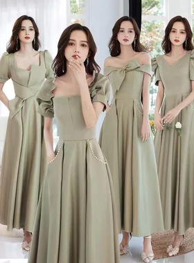 出租伴娘服缎面修身绿色秋冬姐妹团婚礼晚礼服裙小众高端气质简约