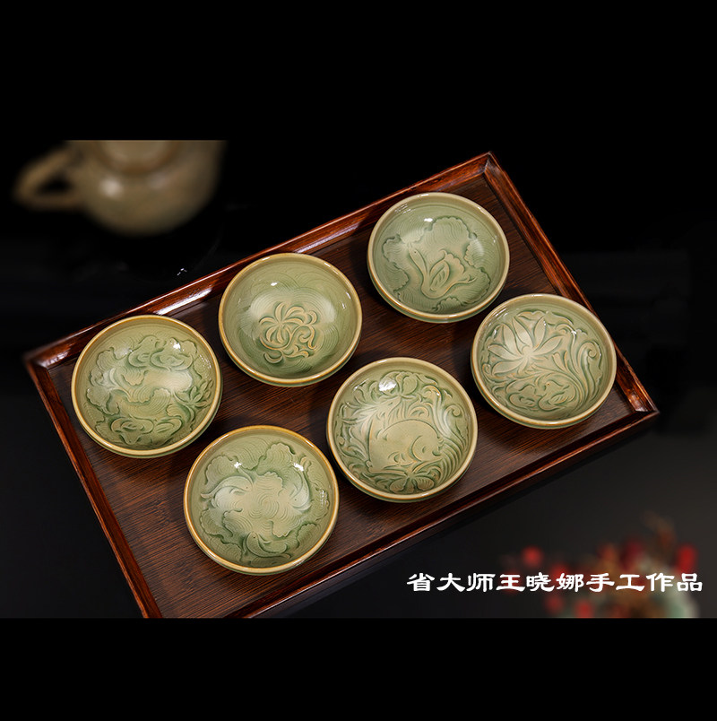 青秘耀州窑手工青釉刻花直口盏功夫茶杯品茗杯茶盏泡茶家用办公室