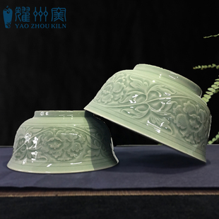 耀州窑青釉瓷对碗耀州中式彷古饭碗汤拌凉菜大小碗礼品套组餐具